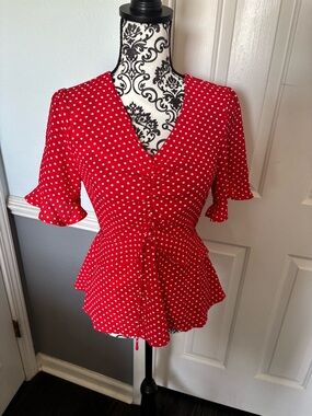 Monteau Red Polka Dot V-Neck Peplum Blouse